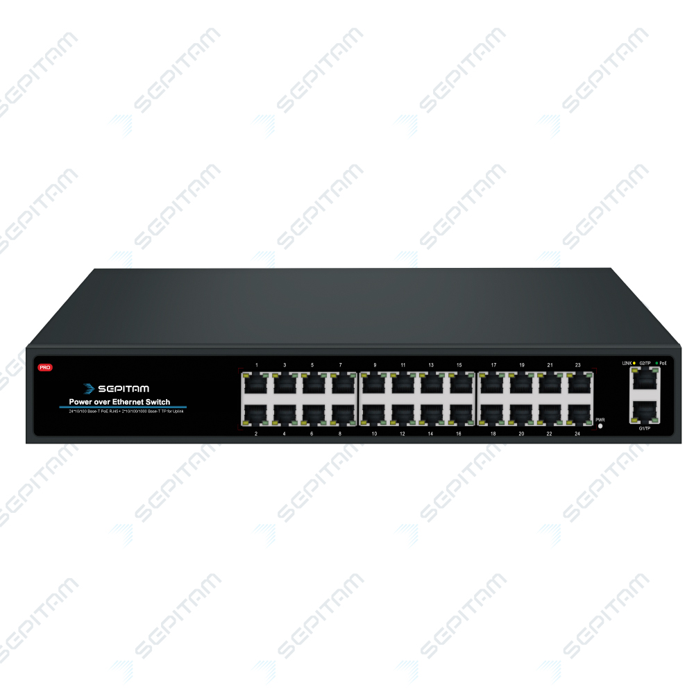 PoE سوئیچ Indoor/Outdoor با 24 پورت 10/100Mbps و 2 پورت آپلینک 1G RJ45( مدل: Sepitam-PS224E-DG )