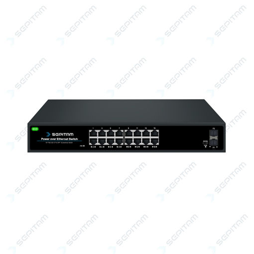 سوئیچ شبکه PoE سری ECO دارای شانزده پورت 1Gbps PoE RJ45 و دو پورت 1Gbps SFP ( مدل: Sepitam-PS216G-DF-Eco )